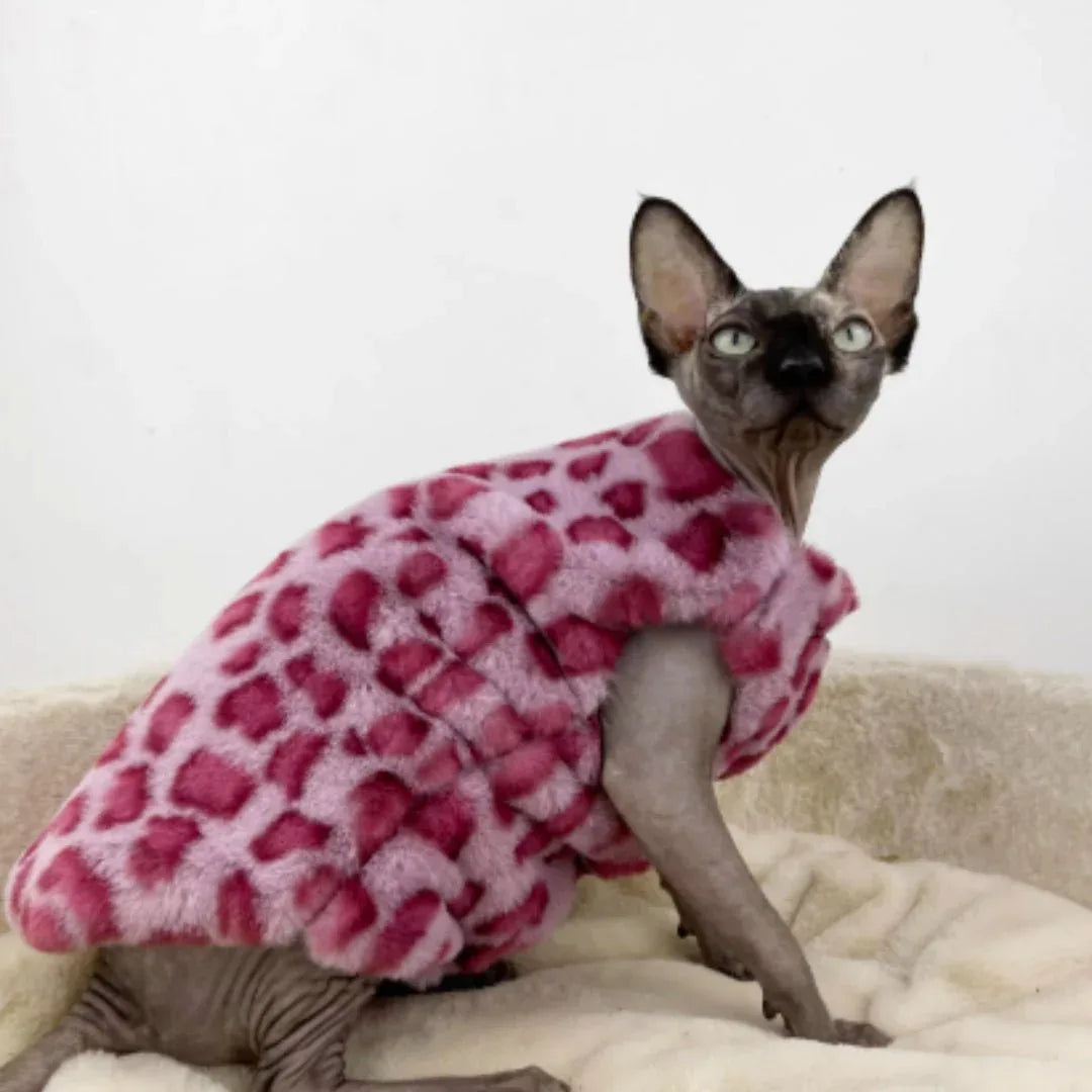 Leopard Print Faux Mink Coat With Thick Cotton Lining And Cat - print Vest - seenewpaw